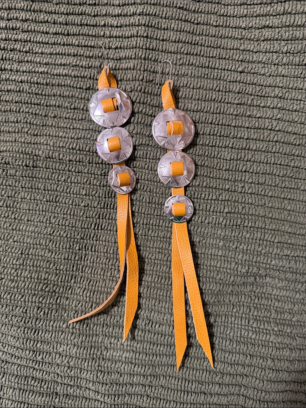 Saddle Tramp Mustard Yellow Leather and Silver Concho Dangle Earrings